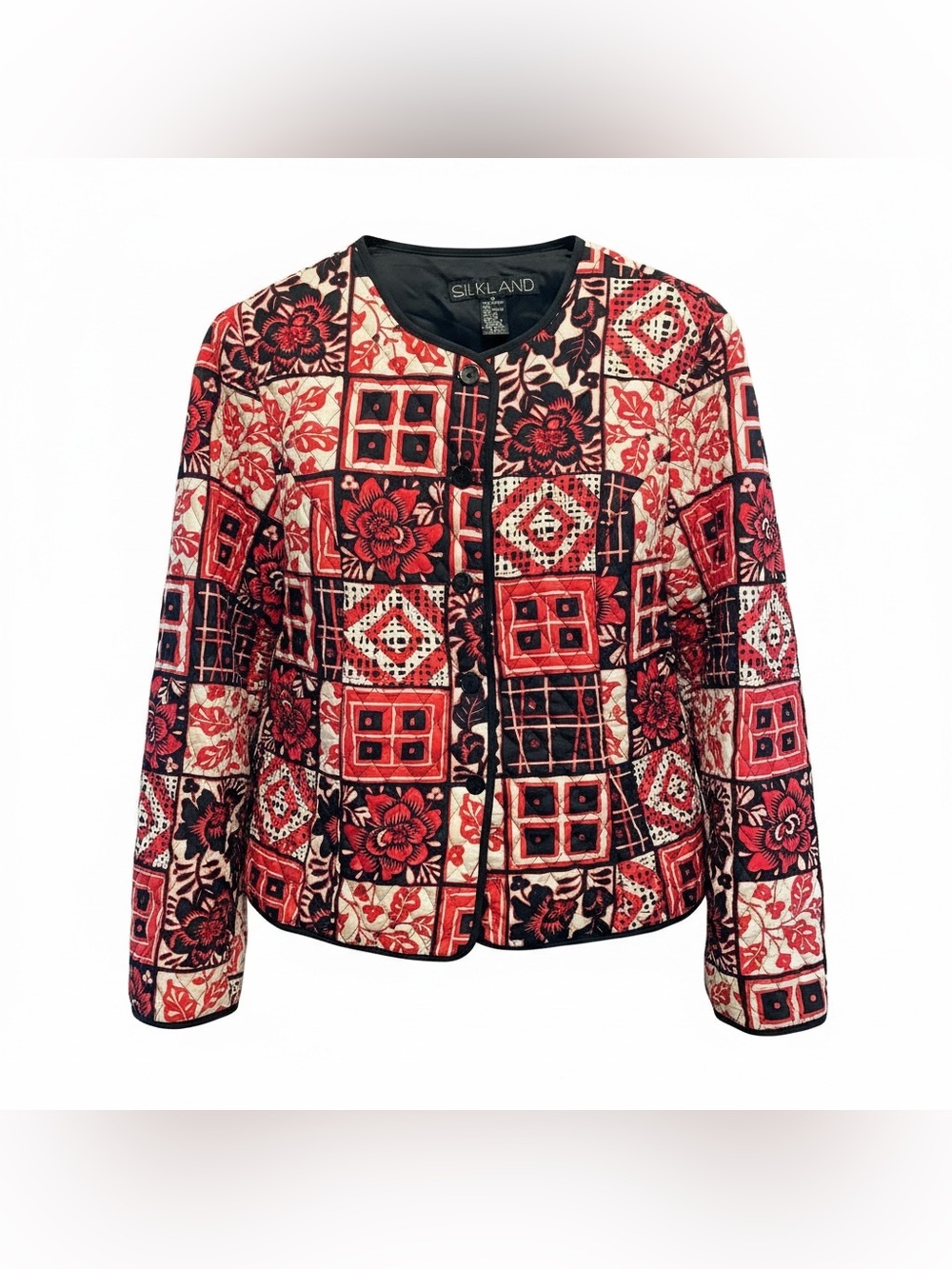Vtg Silkland 100% Silk Jacket Womens M Patchwork Quilted Holiday Office Party